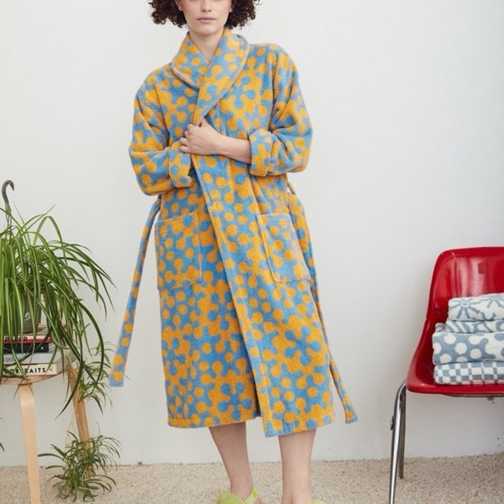 Dusen Dusen Atom Bathrobe Robe Marigold Cornflower Blue Cotton Terry XS - Picture 4 of 9